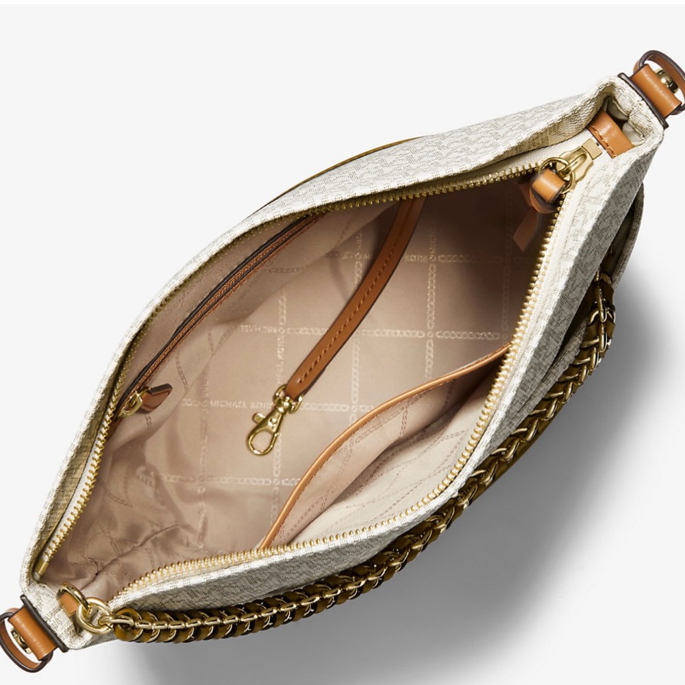 Michael Kors Reese Large Logo Gold Chain Shoulder Bag Cream With Tan Leather - Picture 7 of 16